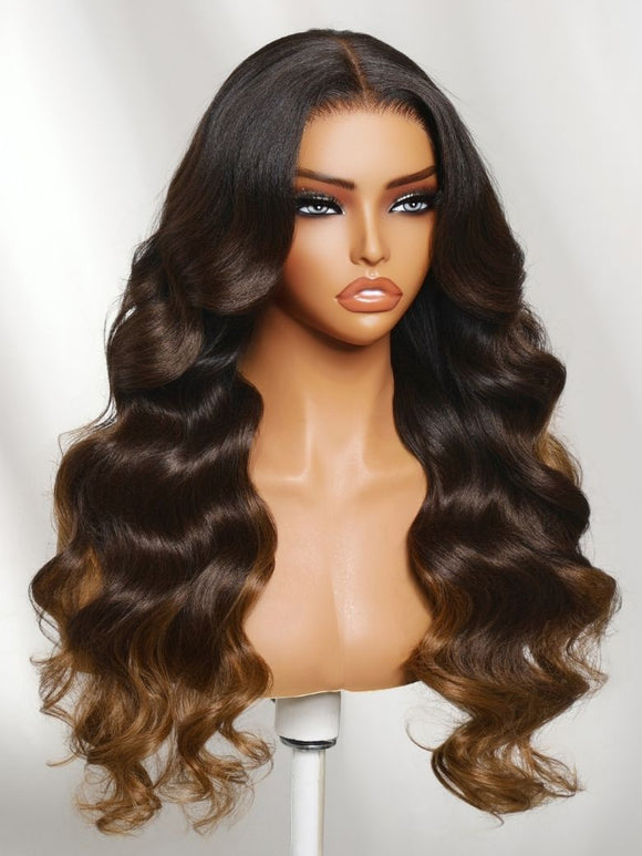 Perruque Klaiyi Ombre Brown Balayage Highlight Body Wave 7x5 Bye Bye Knots, précolorée, sans colle, en cheveux humains et dentelle. 