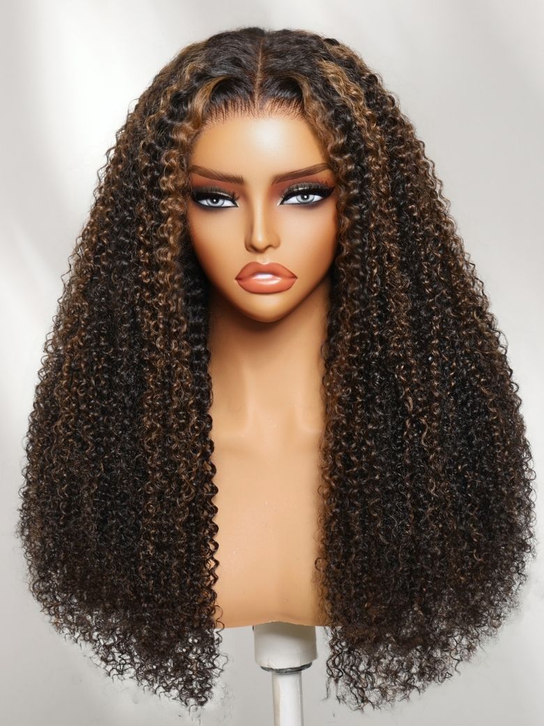 Klaiyi 7x5 No-Slip Glueless Wig Golden Brown with Sunlit Highlights Kinky Curly 150% Density Bye-Bye Knots Lace Closure Put-On & Go