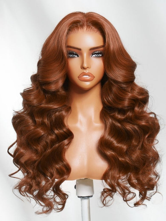 Perruque Klaiyi Brunette Auburn Cuivré 7x5 Pre everything Lace Frontal Wig Body Wave Cheveux Humains Vierges Couleur Brun Rougeâtre 