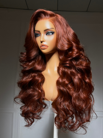Klaiyi 13x4 Pre-Evertyhing Lace Frontal Wig Copper Auburn Side Part Body Wave Human Hair Wig