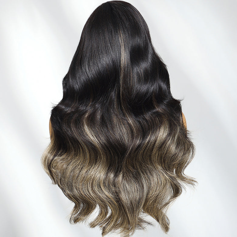 Klaiyi 1B/Gray Blonde Highlights 7x5 Bye Bye Knots Loose Wave Wig Put on and Go Glueless Wig