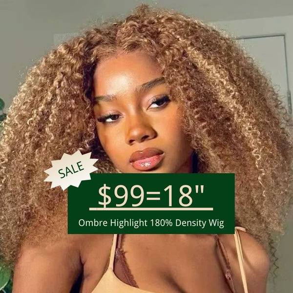 Klaiyi Pre-Cut 180% Highlight Blonde Kinky Curly Wig 13x4 Lace Frontal Wig Flash Sale