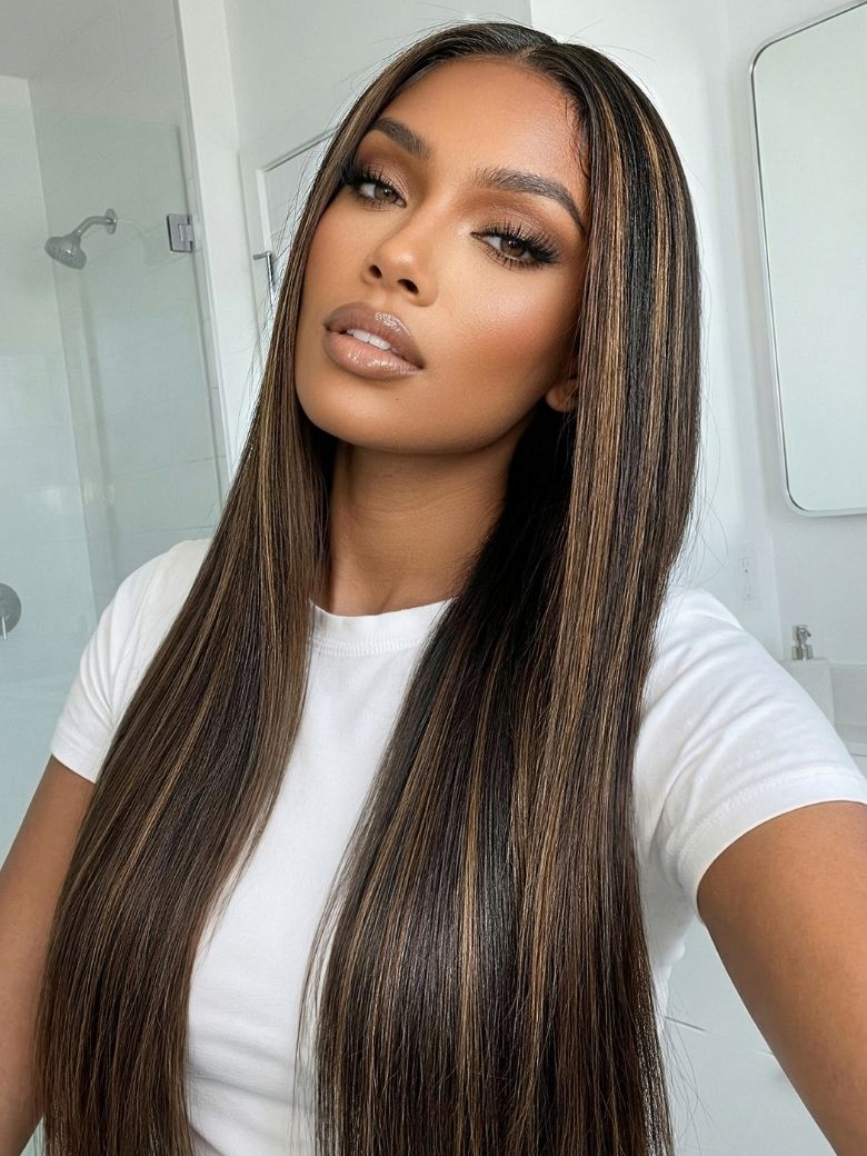 Klaiyi 7x5 No-Slip Glueless Yaki Straight Wig Golden Brown Highlight  150% Density Bye-Bye Knots Lace Closure Put-On & Go