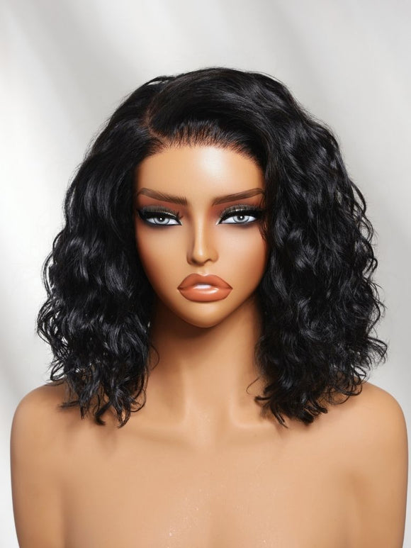 Klaiyi 6x4 Lace Closure Ready to Go Water Wave Short Wavy Bob Wig Glueless Minimalist Lace Wig 220% Density