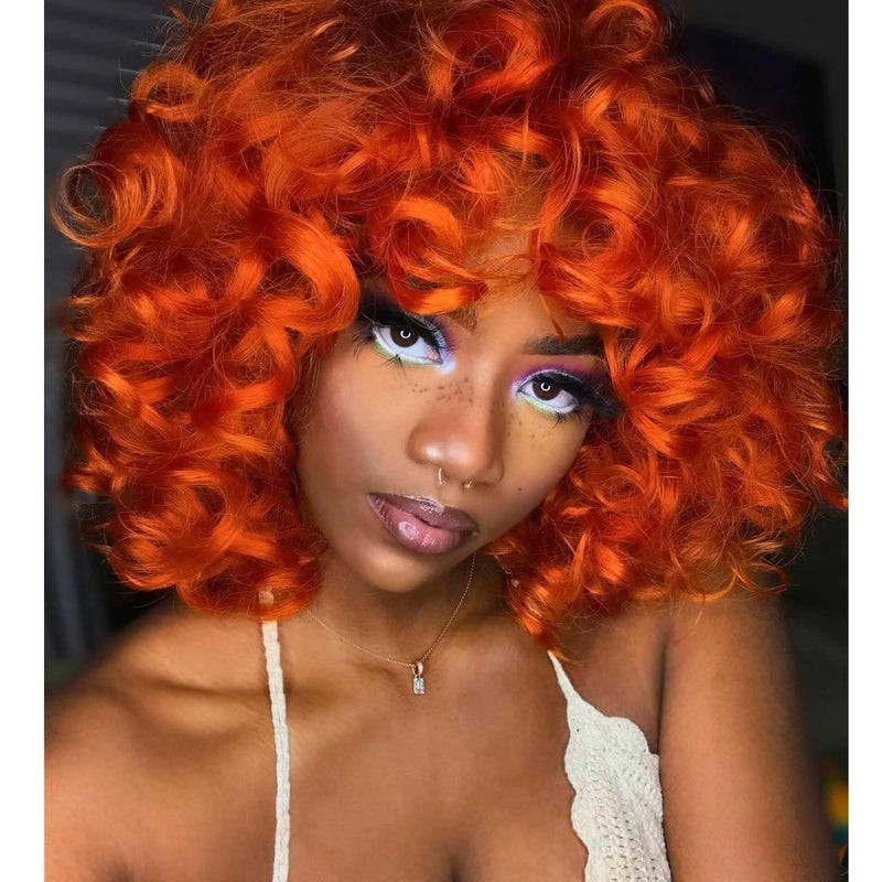 Klaiyi Ginger Orange Color Afro Short Curly Wig with Bangs Fullness Bouncy Rose Curls Replacement Wig Flash Sale