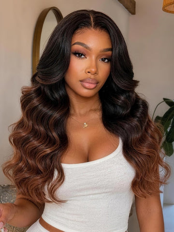 Klaiyi 13x4 Pre-Everything Lace Frontal Chocolate Cherry Brown Ombre Body Wave Human Hair Wig