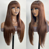 Sencond Wig Only $10 |  Klaiyi Middle Brown Bone Straight Wig With Bang Machine Made Human Hair