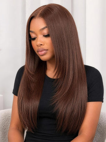 Klaiyi Chestnut Mocha Brown 13x4 Pre-Everything Lace Front Silky Straight Wig with Face Framing Layers