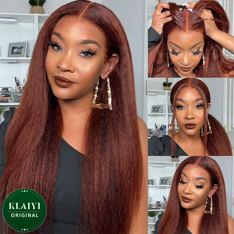 Klaiyi  Reddish Brown Yaki Straight  7x5  Pre Everything Put On and Go Glueless Lace Wigs Human Hair