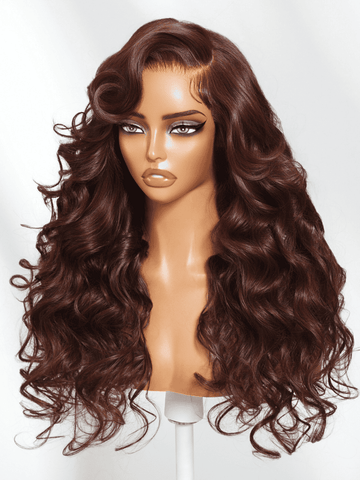 Klaiyi Burgundy Brown Romantic Voluminous Curls 7×5 Bye Bye Knots Glueless Human Hair Wig with Invisible Drawstring