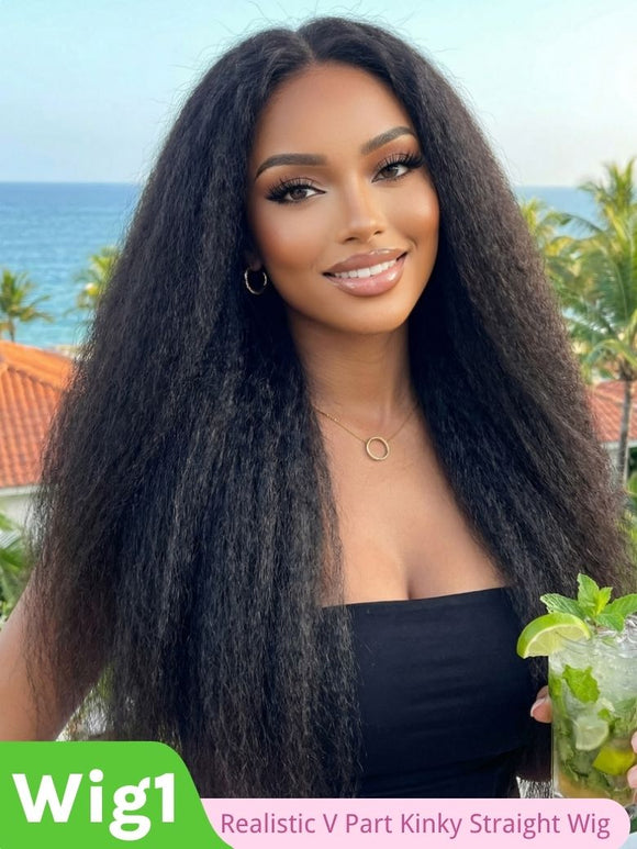 $139 Get 3 Wigs | Klaiyi V Part Kinky Straight Wig + Glueless Bob Wig With Bangs + 100% Glueless Short Pixie Wig Flash Sale
