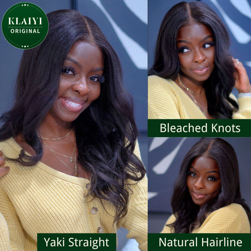 Klaiyi Yaki Straight Put On and Go Glueless Lace Wigs 7x5 Bye Bye Knots Pre-cut Human Hair Lace Wig Kinky Straight