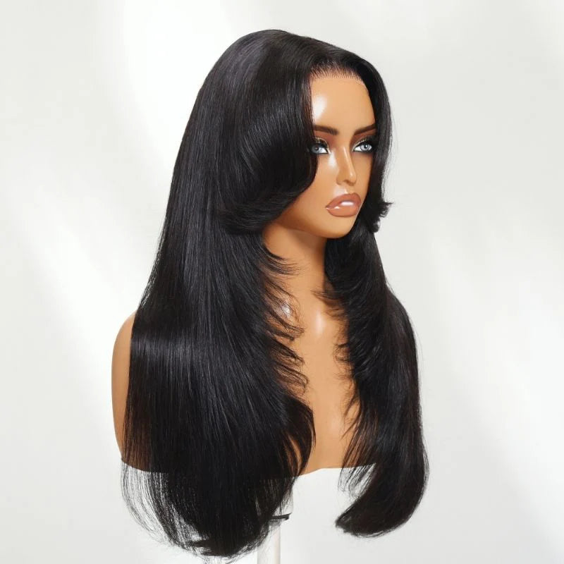 Klaiyi 13x4 Pre Everything Lace Frontal Sleek & Straight Soft Glam Hair Mimics a salon-fresh blowout With Face-framing Curtain Bangs