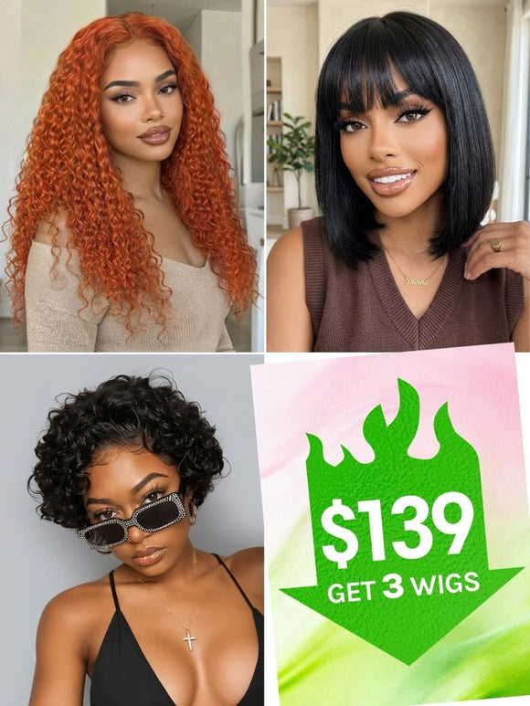 $139 Get 3 Wigs | Klaiyi Lace Part Orange Color Jerry Curly+ Glueless Bob Wig With Bangs + Short Pixie Cut Lace Front Bob Wigs Flash Sale