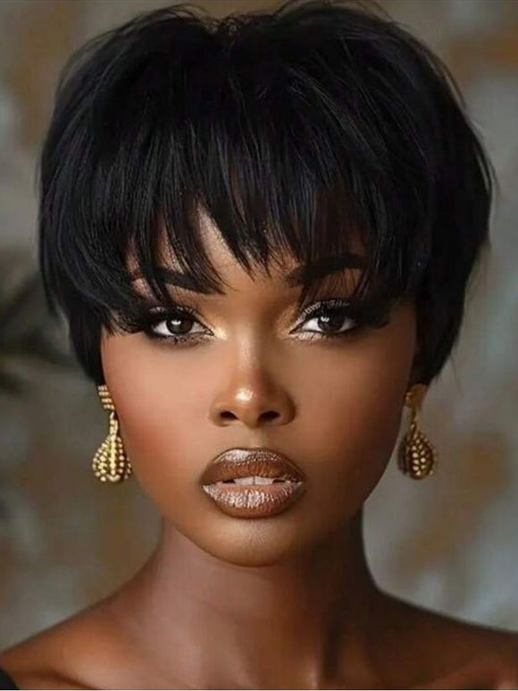 Down To $39 | Klaiyi Short Bob Wigs with Bang Pixie Cut Human Hair Wig Machine Made Natural Black Color Glueless Human Hair Wig Flash Sale