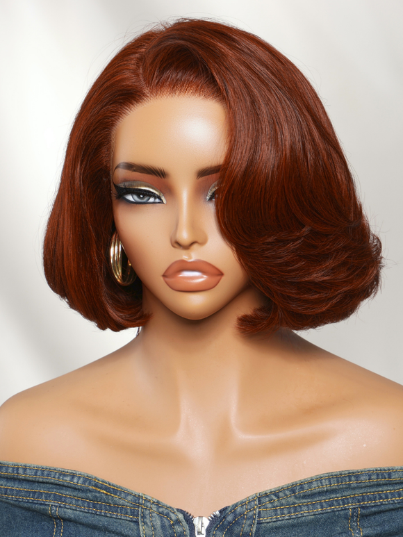 Perruque Klaiyi Black Cherry 7x5 Bye Bye Knots Blow Out Bob sans colle avec frange rideau, volume naturel 