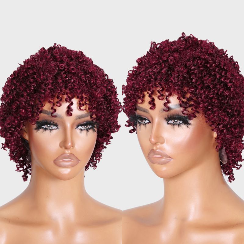 Klaiyi 99J Wig Short Pixie Cut Wigs Machine Made Burgundy Human Hair Wig Flash Sale