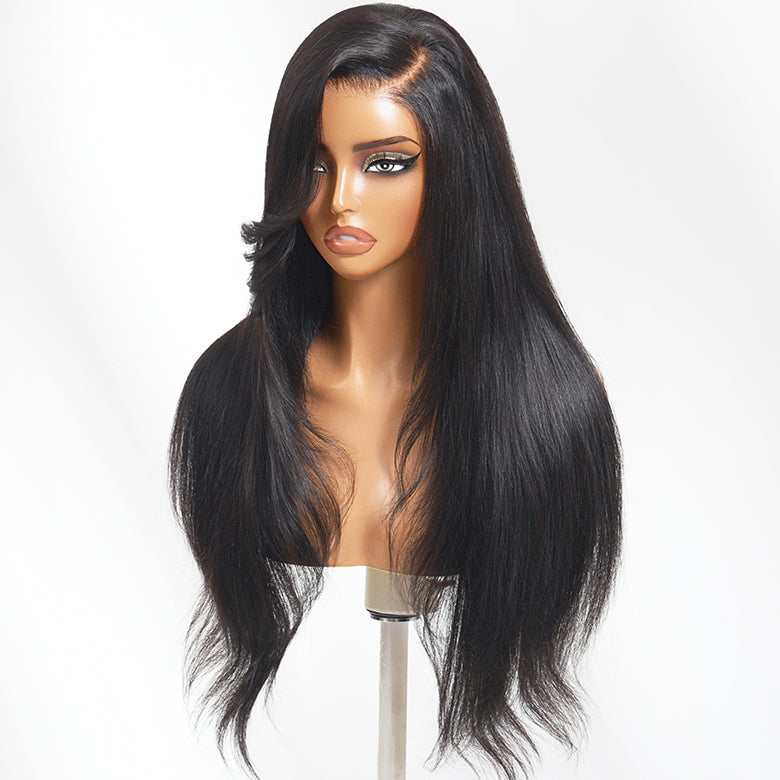 Klaiyi 13x4 Pre-Everything Long Sleek Side Part Straight Wig with Layered Curtain Bangs Put on and Go Glueless Lace Front Wig