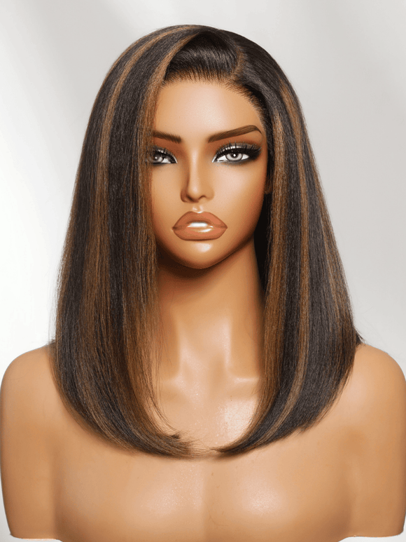 Klaiyi 7x5 No Slip Glueless Lace Wig Black with Caramel Highlights Side Part Yaki Straight Bob Wig with Invisi Drawstring