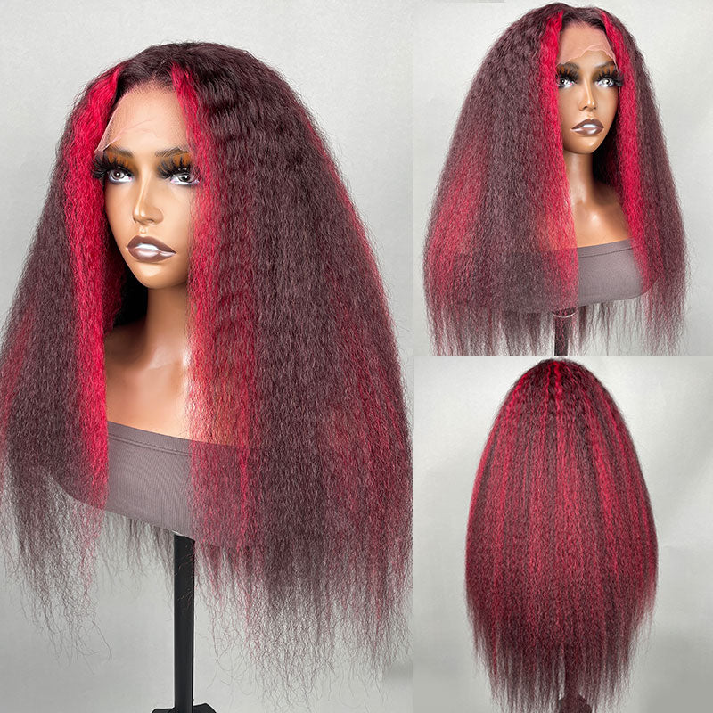 99=22''|Klaiyi Burgundy Highlight Kinky Straight Wig with Orange Stripes Lace Front Wig Flash Sale