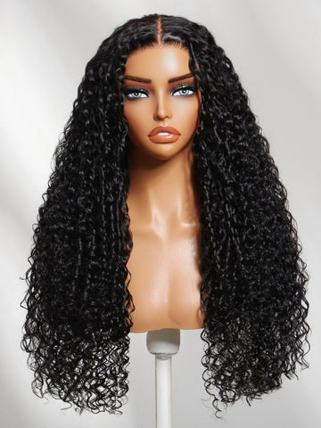 Klaiyi 7x5 Glueless Water Wave Wig with Burmese Curl Mix Pre-Styled Twist & Finger Coil Ends Put On And Go Gluless Lace Human Hair