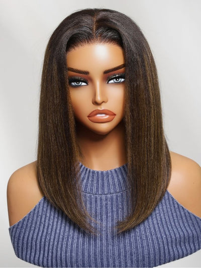 Klaiyi 7x5 No Slip Glueless Lace Wig Balayage Highlights Yaki Straight Bob Wig with Invisi Drawstring