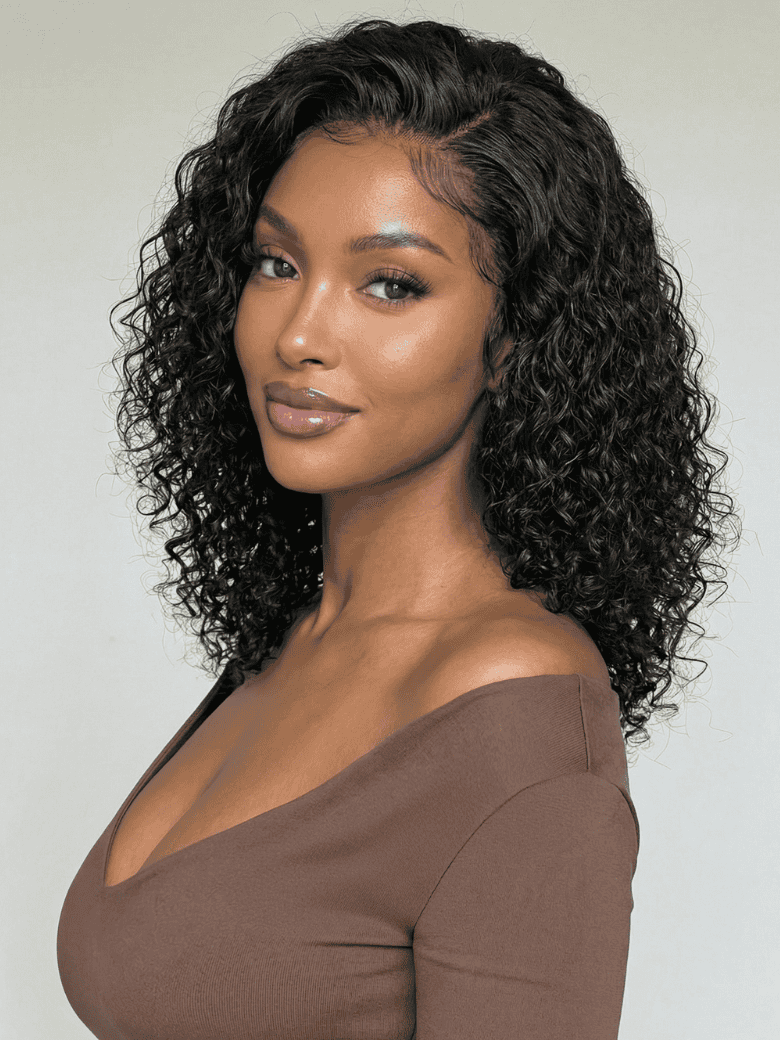 Klaiyi 7x5 No Slip Glueless Curly Bob Wig Natural Side Part Shoulder-Length Lace Wig Off-Duty Glam Look