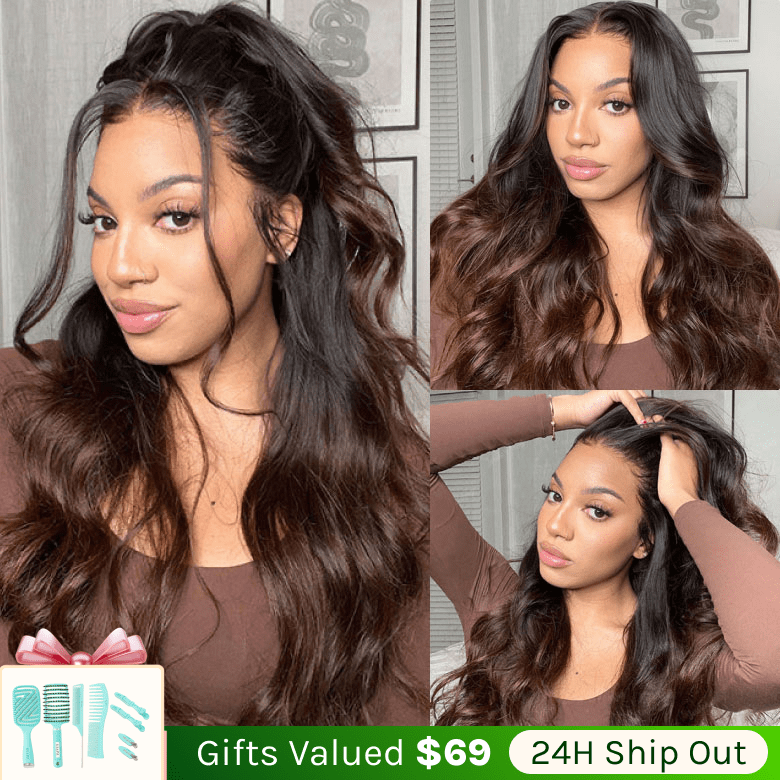 Klaiyi Bye Bye Knots Wig 7x5 Glueless Lace Black to Chestnut Brown Ombre Loose Wave Wig With Bleached Knots Flash Sale