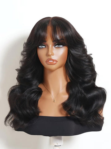 Klaiyi 7x5 Glueless Lace No Slip™ Wig 90s Inspired Layered Blowout Body Wave Human Hair Wig with Curtain Bangs