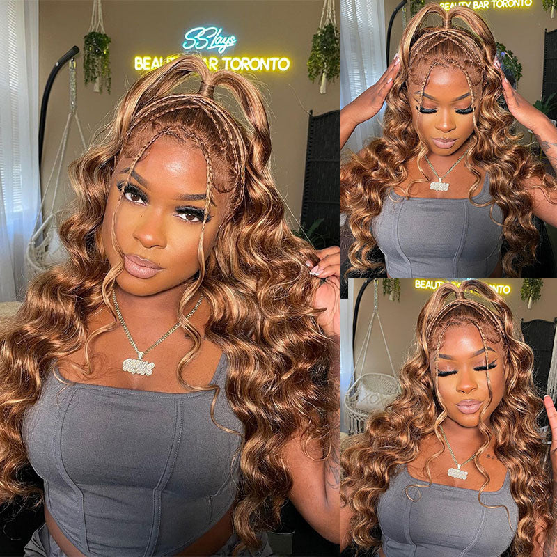 Klaiyi Honey Blonde Highlight Body Wave 13x4 Lace Front Wigs 100% Virgin Human Hair Wigs