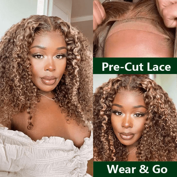 Extra 60% OFF |Klaiyi Honey Blonde Highlight Lace Front Wigs 6x4.5 Pre-Cut Jerry Curly Lace Wig