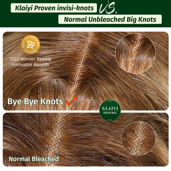 Klaiyi 7x5 Pre-cut Glueless Wig Put On and Go Honey Blonde Highlights Root Straight Bleach Knots Wig Human Hair