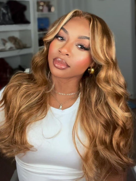 Klaiyi Ombre Highlight Blonde Body Wave 7x5 Bye Bye Knots Lace Wig Human Hair Put on and go Wigs
