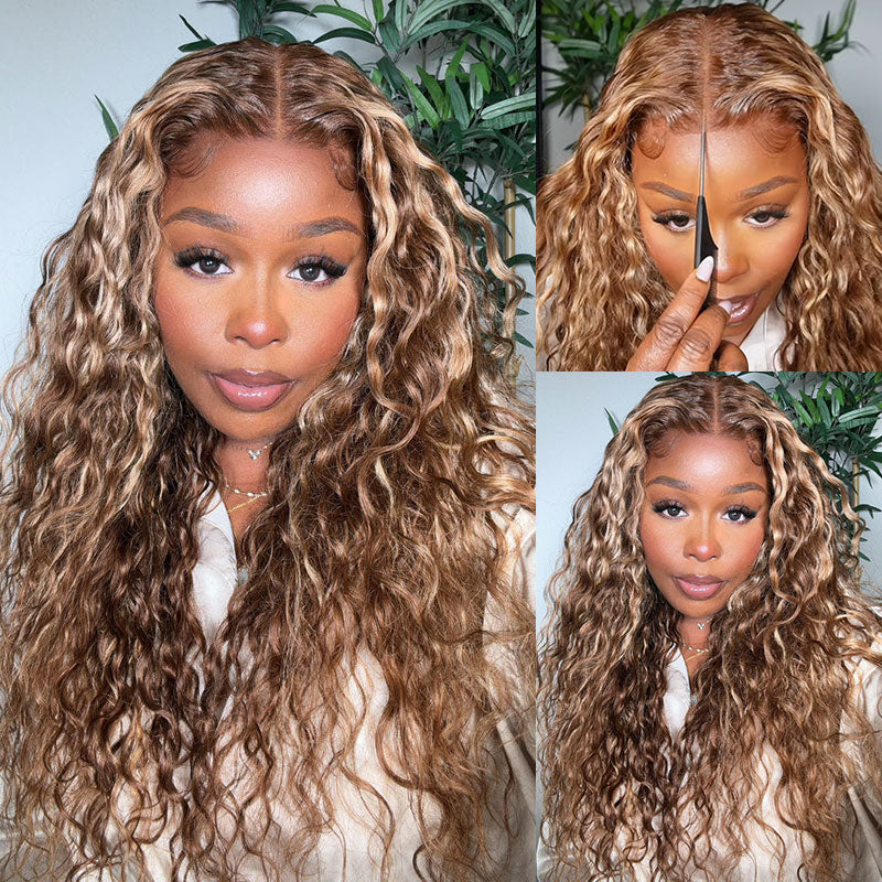 Klaiyi Highlight Blonde Water Wave Put On and Go Glueless Lace Wigs 7x5 Bye Bye Knots Human Hair Lace Wig