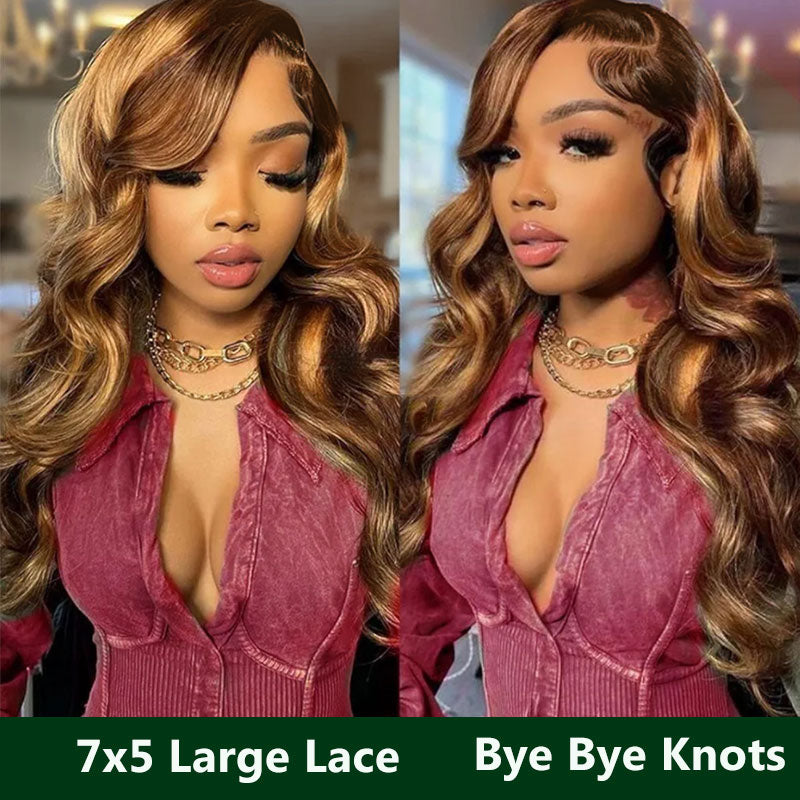 Klaiyi Lace Part Front Wig/7x5 Bye Bye Knots Glueless Wig Put On and Go Highlight Blonde Body Wave Wig Human Hair Flash Sale