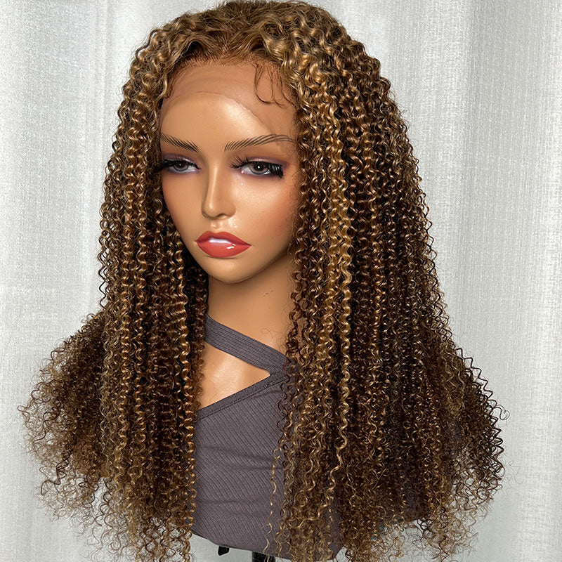 Buy 1 Get 1 Free,Code:BOGO | Klaiyi Honey Blonde Highlight Lace Front Wig Kinky Curly Human Hair Natural Density