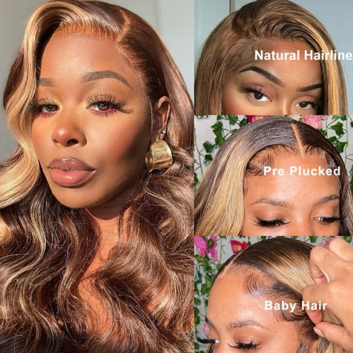 Klaiyi Honey Blonde Highlight Body Wave 13x4 Lace Front Wigs 100% Virgin Human Hair Wigs