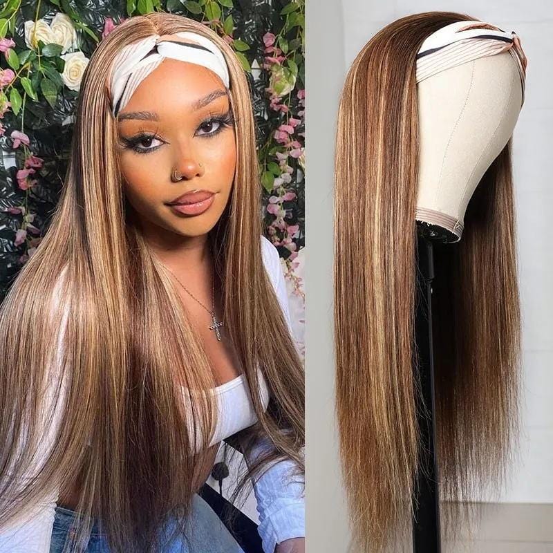 Klaiyi Headband Wig Blonde Highlight Piano Color Straight Human Hair Wigs With Pre-attached Scarf Flash Sale