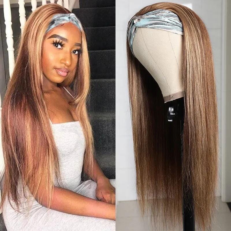 Klaiyi Headband Wig Blonde Highlight Piano Color Straight Human Hair Wigs With Pre-attached Scarf Flash Sale
