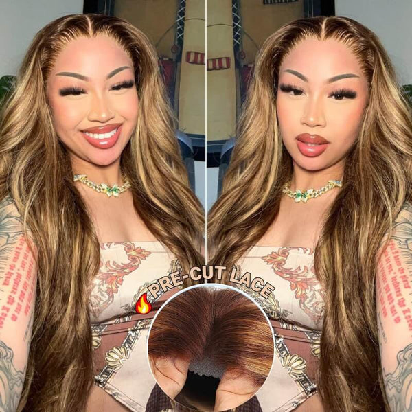 Klaiyi 7x5 Pre-cut Glueless Wig Wear Go Honey Blonde Highlights Root Bleach Knots Wig Human Hair