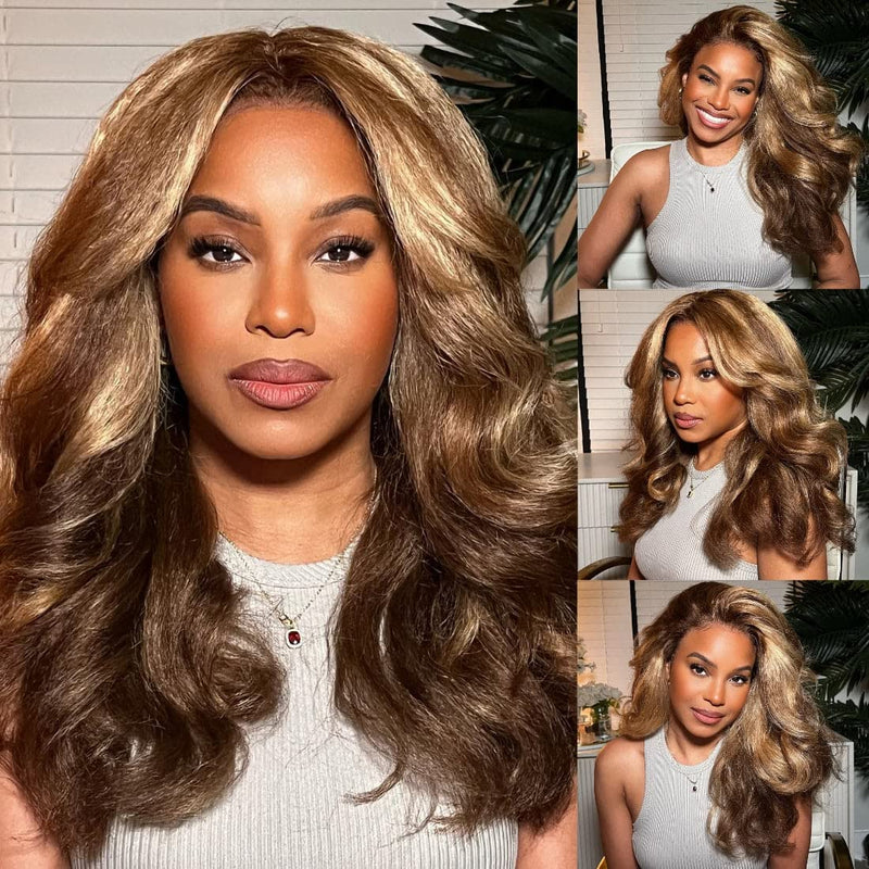 Klaiyi Pre-Cut Honey Blonde Highlight Kinky Straight Lace Frontal Wig with Baby Hair Pre Plucked 100% Virgin Human Hair