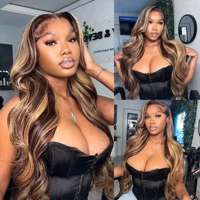 Klaiyi Ombre Highlight Blonde Body Wave 7x5 Bye Bye Knots Lace Wig Human Hair Put on and go Wigs