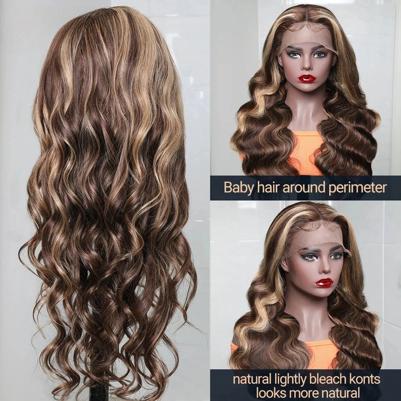 Klaiyi Honey Blonde Highlight Body Wave 13x4 Lace Front Wigs 100% Virgin Human Hair Wigs