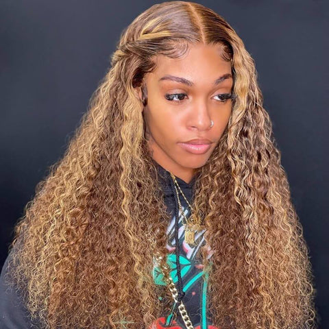 Honey Blonde Highlight Lace Front Wigs Ombre Color Jerry Curly Human Hair Wigs