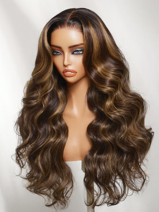 Klaiyi 7x5 No-Slip Glueless Dark Brown with Honey Caramel Money Pieces 90s Blowout Layers Body Wave Wigs