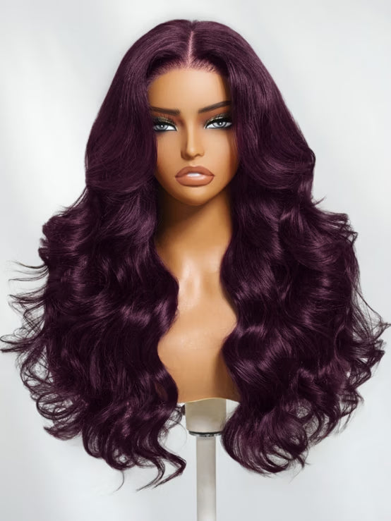 Perruque Klaiyi 13x4 Noir Cerise Bordeaux Foncé Ondulée, Pre Everything Lace Frontal avec cordon de serrage invisible 