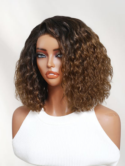 Klaiyi 6x4 Lace Closure Chestnut Brown Ombre Side Part Water Wave Bob Human Hair