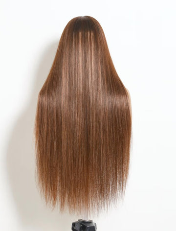 Klaiyi 7x5 No Slip Glueless Wig Silky Straight Warm Chestnut Brown Highlights Put On& Go Human Hair Wig