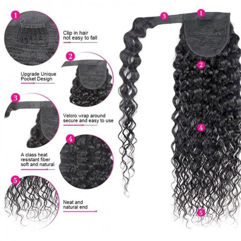 Klaiyi High Ponytail with Weave Wrap Around Clip in Hair Extensions Water Wave/Deep Wave Ponytail Flash Sale