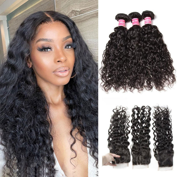 Klaiyi Hair-Virgin Peruvian Hair Water Wave 3 Bundles with 4*4 Lace Closure, No Shedding and Tangle Free